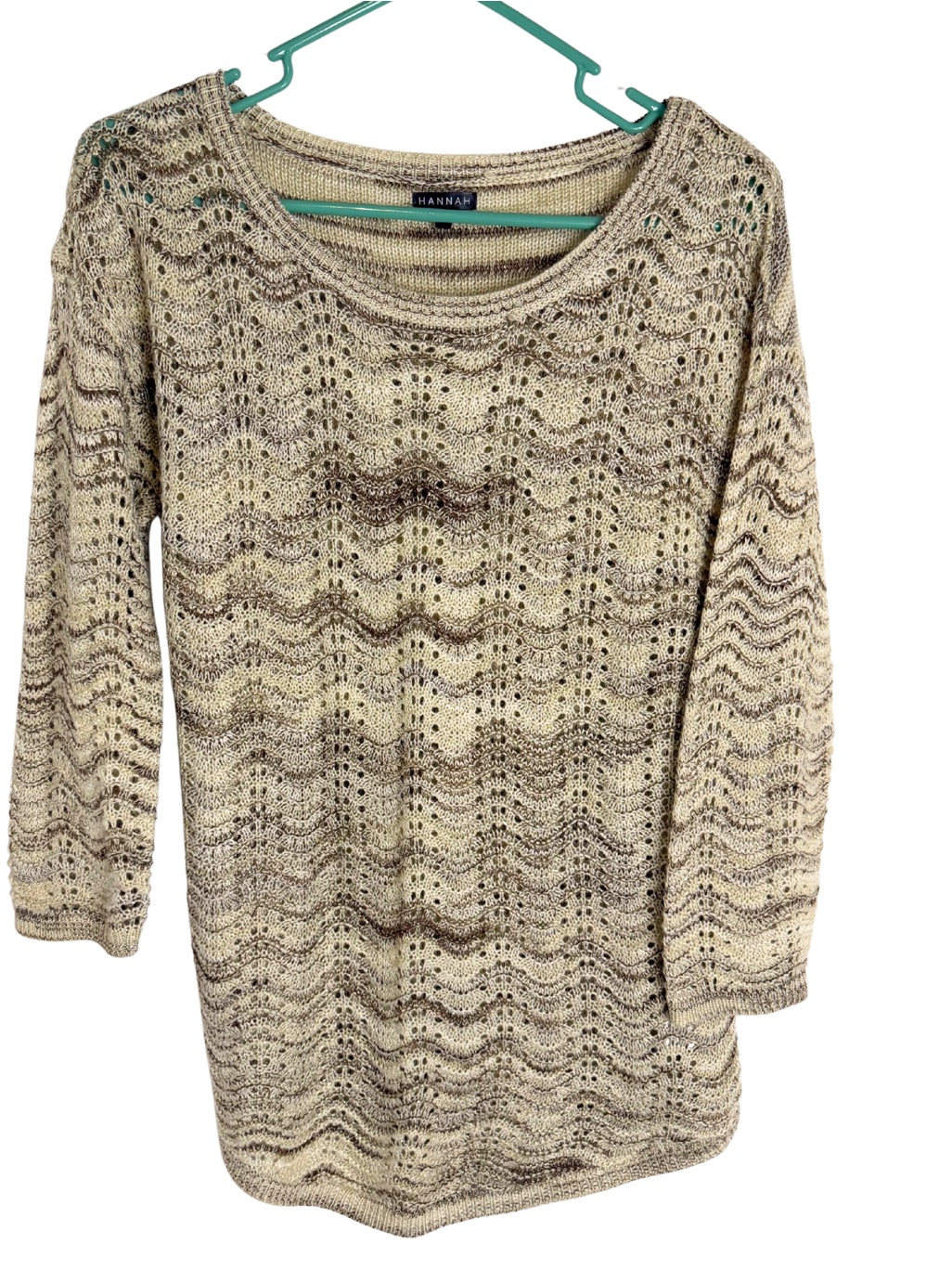 3/$20 Hannah Cream And Brown Wave Pattern Open Knit 3/4 Sleeve Sweater